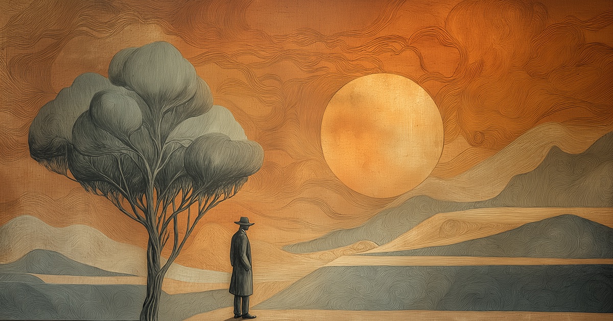 A solitary figure in a hat stands beneath a tree, facing an amber sun suspended above undulating hills